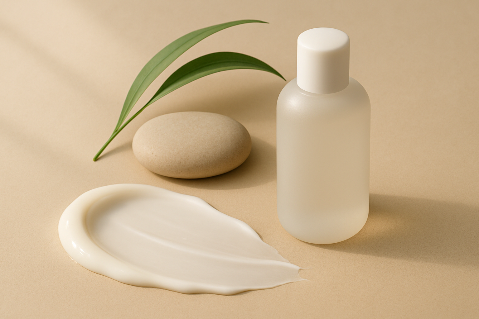 균형 잡힌 스킨케어 루틴을 상징하는 미니멀 구성의 텍스처·패키지·자연 요소 이미지