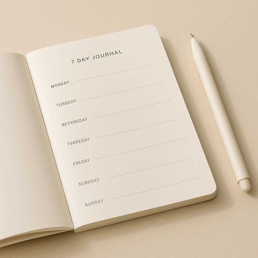 미니멀한 7일 스킨케어 저널과 펜을 은은한 배경 위에 배치한 이미지