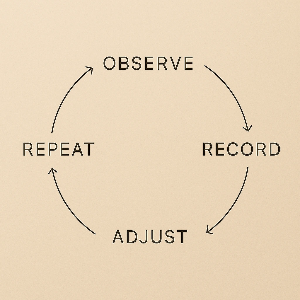 7일 저널 흐름을 상징하는 관찰–기록–조정–반복 단계의 미니멀한 다이어그램 이미지