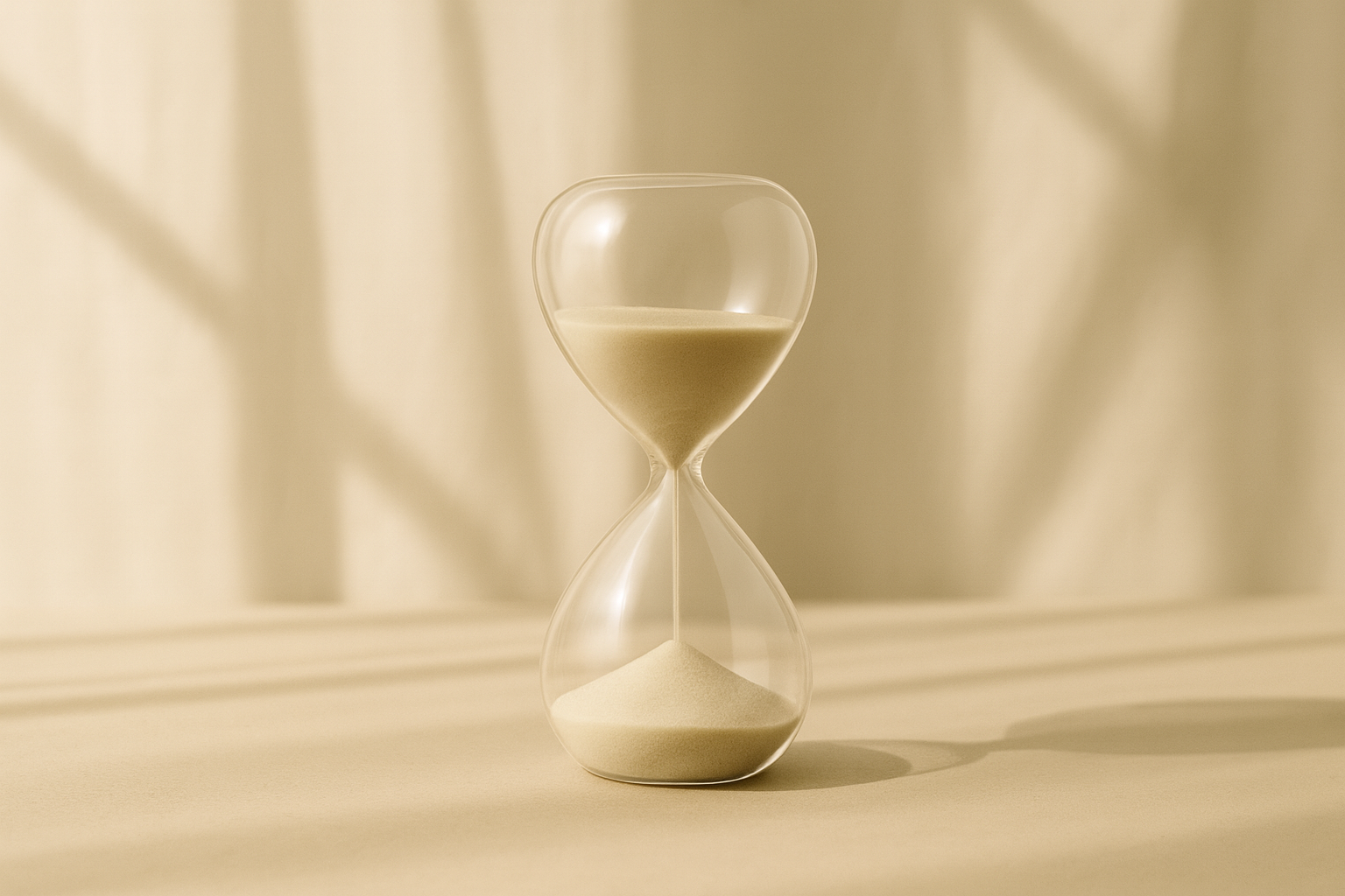 스킨케어 단계 사이의 휴식을 상징하는 미니멀한 유리 타이머 이미지