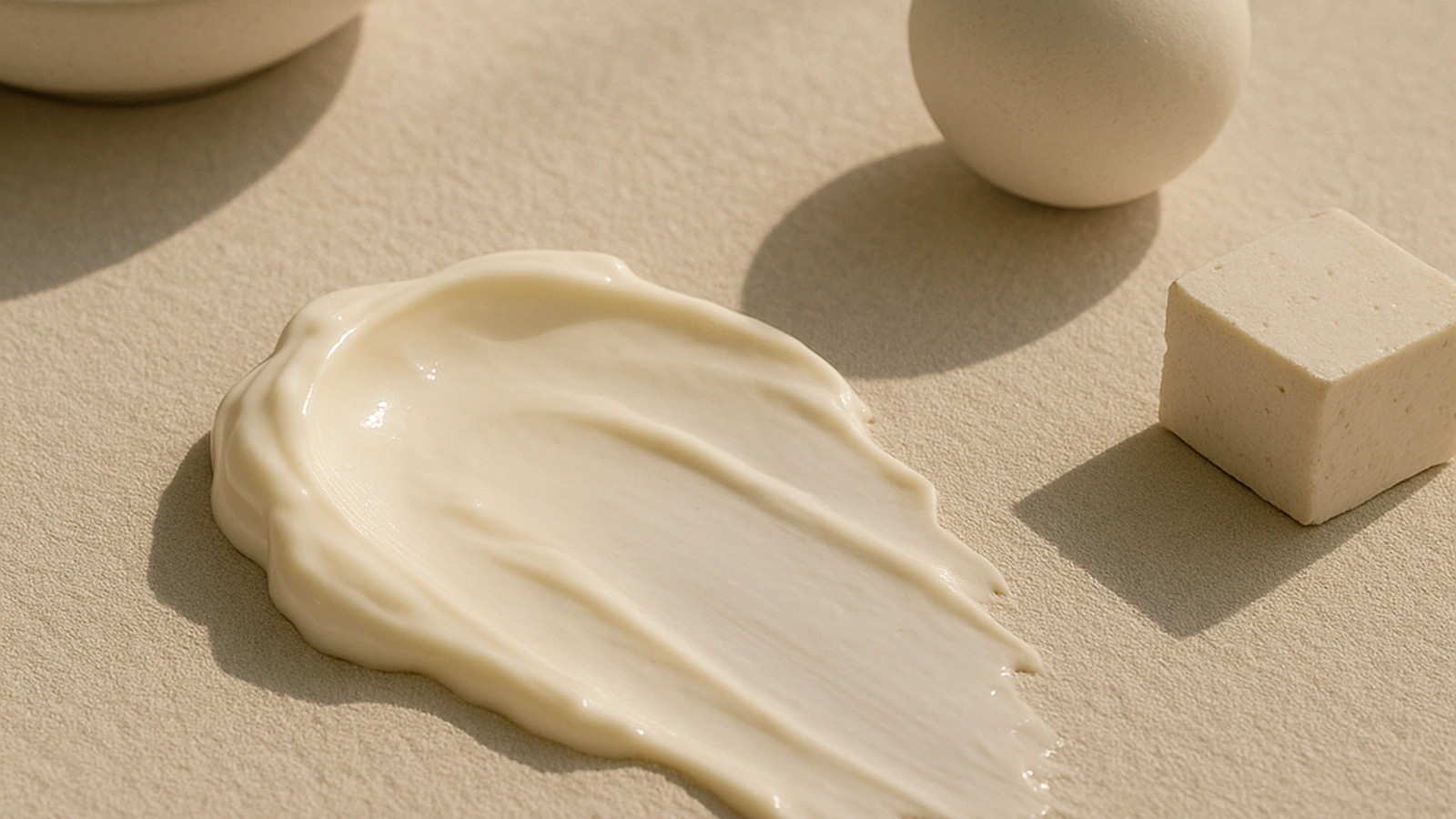 자연광 아래 크림 텍스처와 미니멀 오브제가 놓인 퓨어리카 슬로우에이징 무드 이미지